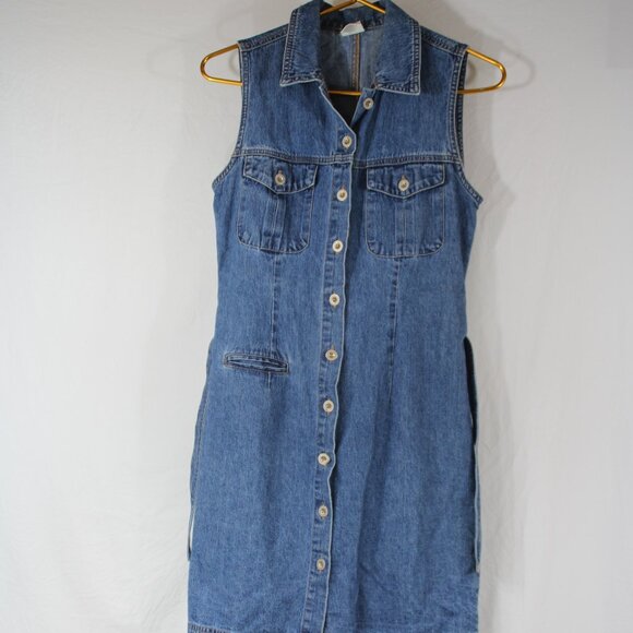 Vintage Old Navy Shirt Dress Women's 2 Blue Denim Sleeveless Y2K Button-Up Mom - Picture 1 of 8